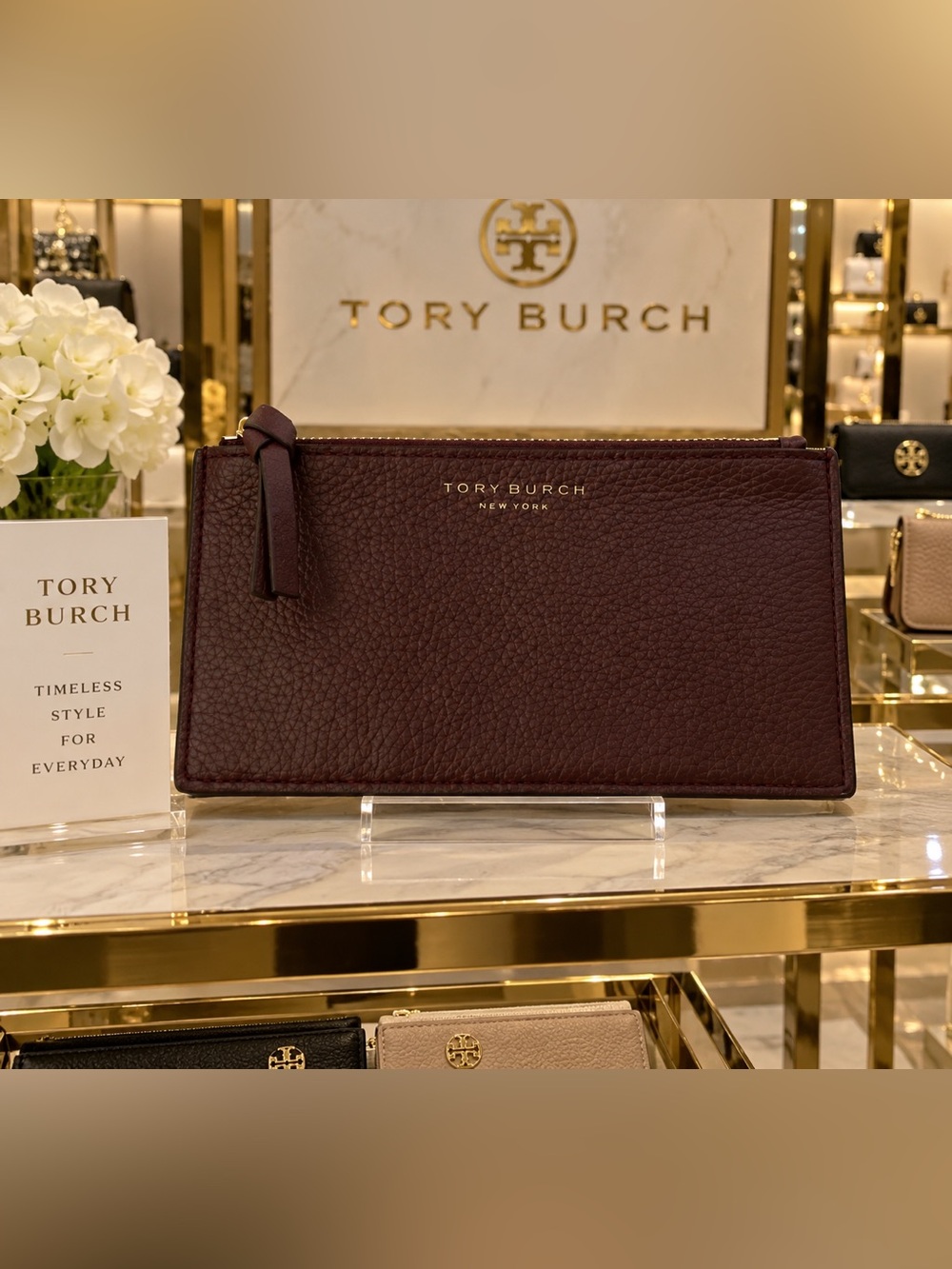 Tory Burch Pebbled Leather Zip Pouch — Deep Burgundy